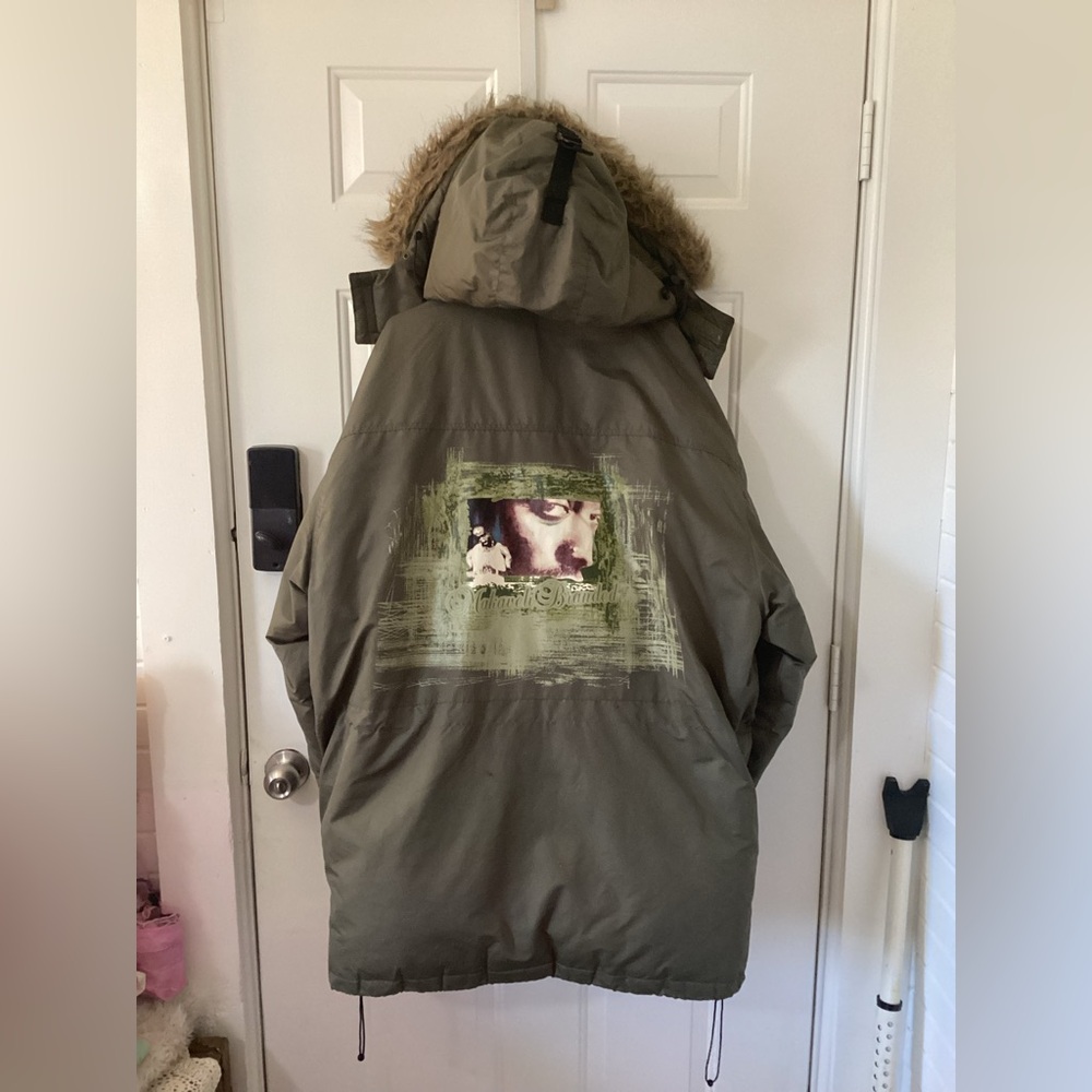 🔥🔥Rare!! 🔥🔥Makaveli Branded Tupac Shakur Olive Green Hooded Parka with Fur Trim